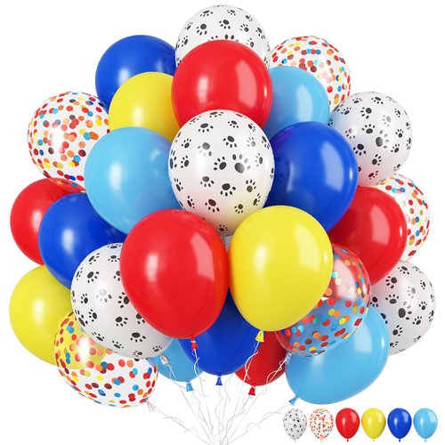 Dog Paw Balloons, 12 Inch Carnival Circus Balloons Red Yellow Blue and White Paw Print Puppy Balloons Colorful Confetti Latex Balloons for Dog Themed Birthday Party Decorations