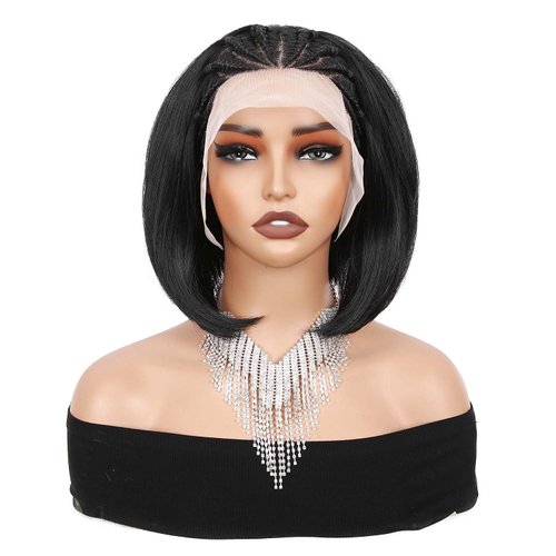 Quantum Love Short Straight Braided Wigs for Black Women Braids Cornrows Lace Straight Bob Wigs Handmade Lace Frontal Synthetic Glueless Wig (Black 10 Inch)
