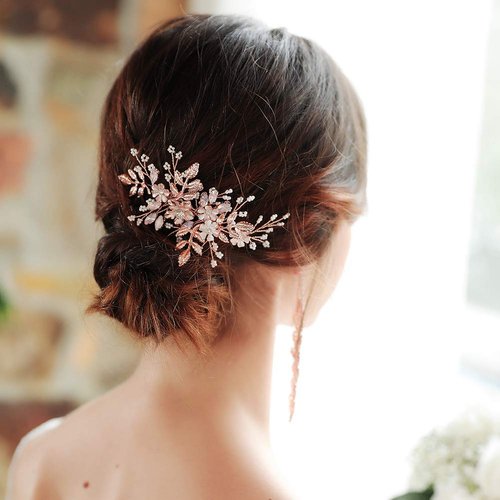 HapiBuy Wedding Hair Comb Rose Gold Crystal Simulated Pearl Bridal Hair Comb For Bride and Bridesmaid