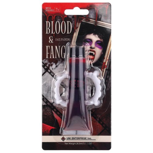 Fake Blood + Vampire Teeth Halloween Makeup Set, 1 OZ Washable Bright Fake Blood, Halloween White Teeth Fangs Teeth for Halloween Cosplay Party Favors