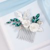 Missgrace Leaf & Flower Hair Comb, Wedding Crystal Rhinestones, Silver Green, for Brides Women