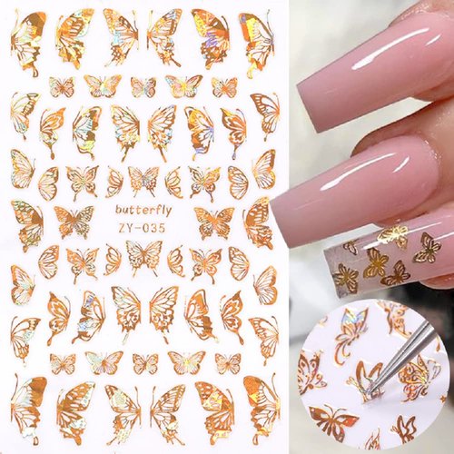 InfantLY Bright 3 Sheets Holographic 3D Butterfly Nail Art DIY Stickers, Laser Gold &amp; Silver AB C...