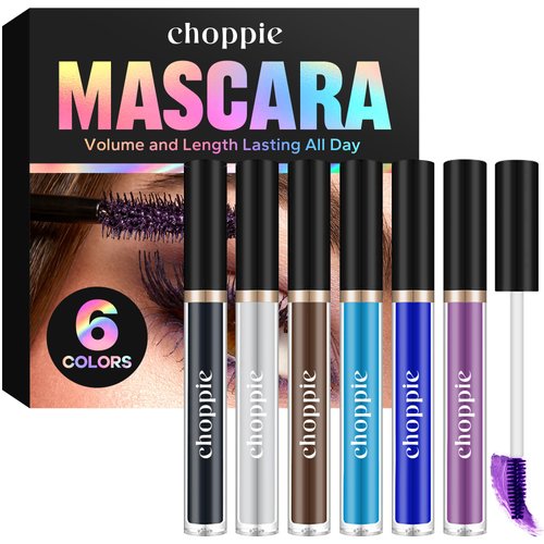 Choppie Multicoloured Waterproof Mascara For Lashes (6 Colors), White, Black, Brown, Ocean Blue, Dark Blue And Purple With Lash Comb Brush - Lengthening, Volumising, Long Lasting, Natural Eye Make-up