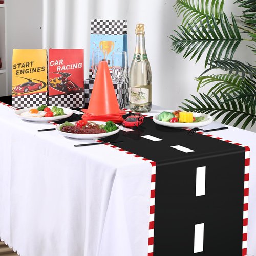 Preboun 6 Pcs Plastic Checkered Table Runner 14 x 108 Inch Racetrack Road Table Runner for Two Fast Car Theme Birthday Racing Party Decor Events Supplies (Black Red White Race Track)