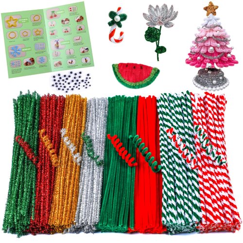 520 Pcs Christmas Pipe Cleaners Craft Set, Pipe Cleaners Chenille Stems with Wiggle Eyes, Multi-Color Fuzzy Sticks for Craft DIY Xmas Home Decorations