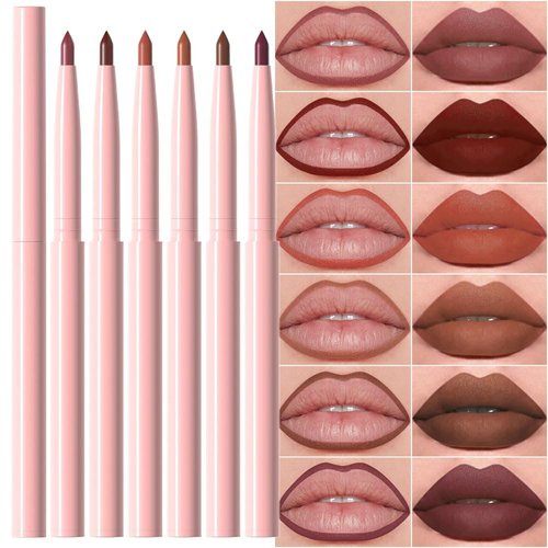 HHLTOH 6Pcs Retractable Lip Liner Pencils Set, Mauve Maroon Dark Red Orange Nude Chocolate Matte, Long-Lasting Non-Stick Cup Not Fade Waterproof Pigmented Velvet Lipgloss Kit Beauty Cosmetics. 01