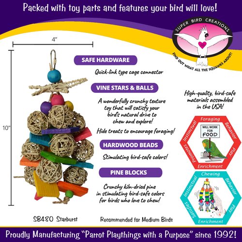 Super Bird Creations SB480 Starburst Bird Toy - Colorful Bird Toy for Medium Parrots, Cockatiels, Conures & Parakeets, Cockatiel Toy, Budgie Toys, Bird Toys, Bird Entertainment, Medium Birds, 10" x 4"
