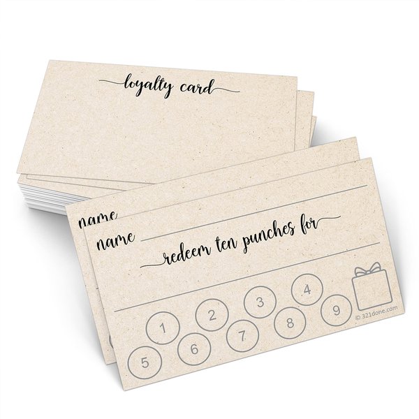 321Done Loyalty Punch Cards (Set of 50) or Customer Loyalty Reward Card (50 Cards) 3.5" x 2", Business Card Size, Redeem 10 Punches or Visit for Prize, Kraft Tan