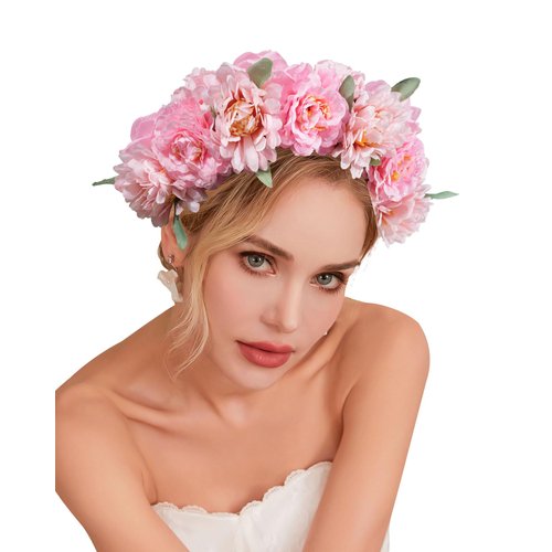 CHLINS Boho Floral Headbands for Women Double Sided Flower Crown Headband Non Slip Wide Hairband Flower Headpiece for Wedding Party Birthday (Rose (pink))