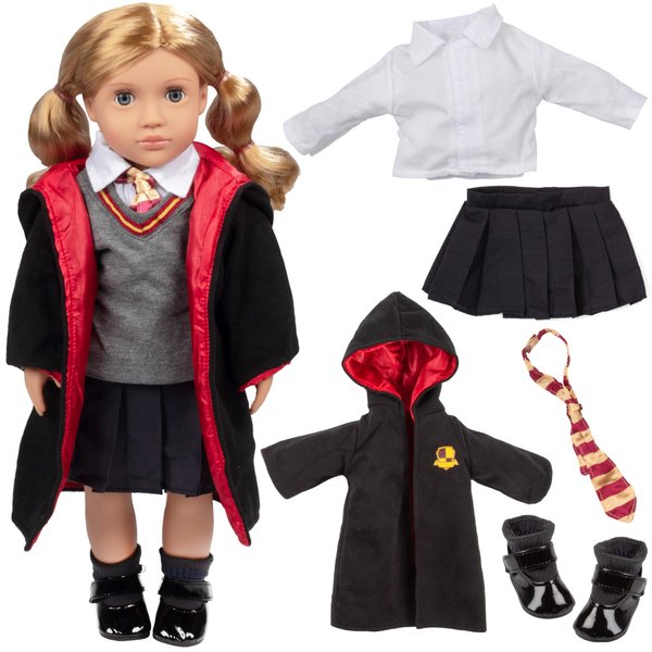 9pc Hermione Granger Inspired Outfit- 18" Doll Clothes & Accessories Compatible w American Girl Dolls- School Uniform Set Includes Shirt, Skirt, Sweater, Tie, Socks, Robe, & Shoes- Gift Set for Girls