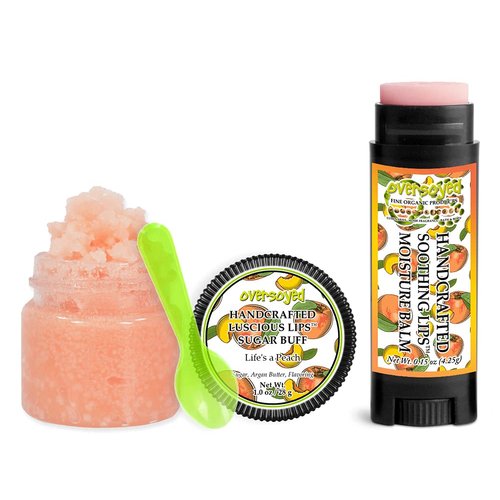 Life's a Peach Soothing & Luscious Lips by OverSoyed Exfoliator & Chapped Lip Repair Lip Care Combo | Artisan Handcrafted to Order Citrus Sweet Peach Flavored Exfoliating Sugar Lip Scrub & Lip Moisturizer Balm Gift Set