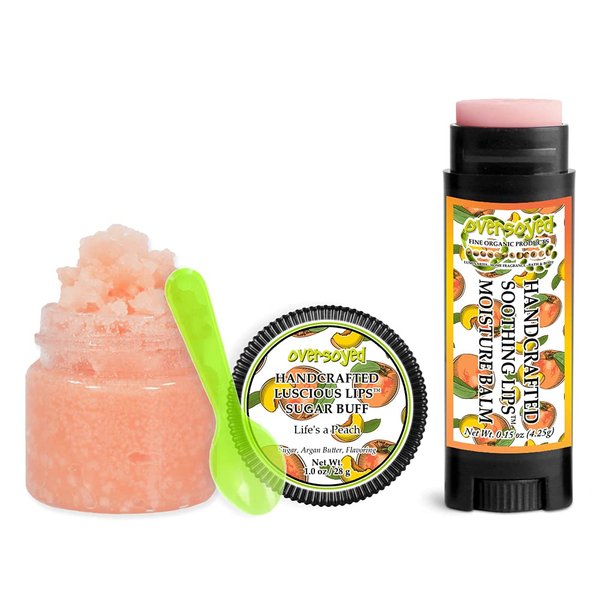 Life's a Peach Soothing & Luscious Lips by OverSoyed Exfoliator & Chapped Lip Repair Lip Care Combo | Artisan Handcrafted to Order Citrus Sweet Peach Flavored Exfoliating Sugar Lip Scrub & Lip Moisturizer Balm Gift Set