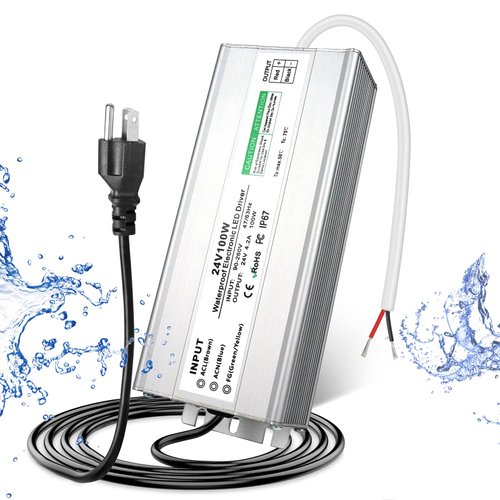 24V 100W LED Power Supply, Waterproof IP67 LED Driver, AC 110V to DC 24 Volt Low Voltage Transformer with 3-Prong Plug 3.3 Feet Cable for Indoor Outdoor LED Light, Computer Project