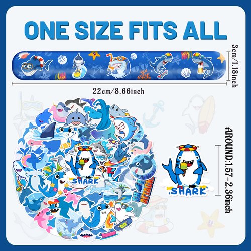 Lcnjscgo 74 PCS Shark Party Favors 24 Shark Slap Bracelets, 50 Shark Stickers Shark Birthday Party Decorations, Supplies, and Gifts for Kids, Classroom Rewards