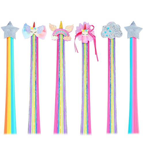6 Set Hair Extensions Clip - Colored Straight Hair Extensions Clips, Cute Unicorn Accessories Hair Extensions for Kids Ponytails Girls, Rainbow Thick Wig Clip in Fake Bangs (Straight Hair 01)