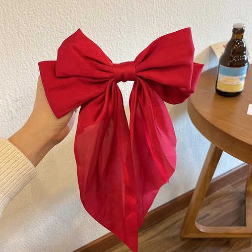 Silky Satin Hair Bow Barrette Clip Sets for Women Girls Long Tail Fuzzy Furry Hair Bow Ribbons Scrunchies Pompom Elastic Hair Band Rope Ponytail Holders Pom Hair Ring Ties Accessories (3PCS,Red)