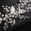 Teyglen Silver Leaf Wedding Headband Bridal Crystal Pearl Hair Piece Handmade Rhinestone Hair Vine Bridal Headpiece Hair Accessories Jewelry for Women and Girls