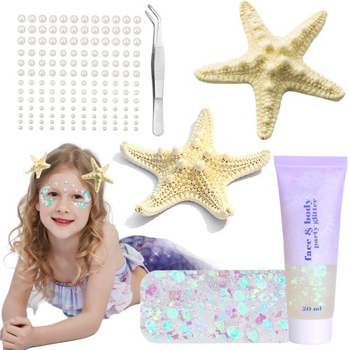 Starfish Hair Clips,Face Body Glitter and Self Adhesive Face Gems with Tweezers Set,Mermaid Costume for Women Girls Adult, 5 in 1 Little Mermaid Accessories