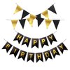 Black Happy Birthday Banner with Pennant Banner Flags, Black Gold Happy Birthday Sign, Black Birthday Party Decorations, Bunting Banner with Shiny Gold Letters, DIY Party Supplies (Black)