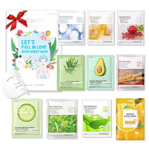 Kaely 10 Pack Variety Sheet Masks,Spa Party Face Masks for Kids Skin Care,Facial Mask Skincare Set Korean,Moisturize,Brighten,Nourish for All Skin Types,Birthday Gifts for Women Men Girls,Set01
