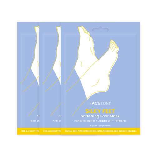 FACETORY Silky Feet Softening Foot Mask with Shea Butter, Jojoba Oil, and Ferments - Exfoliating and Moisturizing Foot Care Mask for Dry and Cracked Feet, Moisture-Locking Socks - 3 Booties