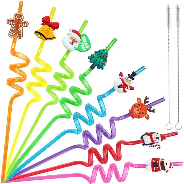 32PCS Christmas Reusable Drinking Straws, Snowman Penguin Reindeer Jingle Bell Gingerbread Man Pattern Party Favors Goodie Gifts for Kids Holiday Party Supplies