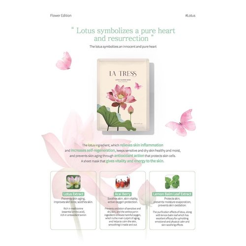 LA TRESS Lotus Calming Korean Face Mask, Korean Beauty Skin Care (5 Sheets)