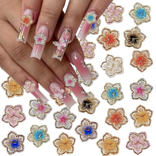50Pcs Flower Nail Charms Gold Edge Flower Resin Design Nail Rhinestones - Mixed Colorful Flower Petals Charms Flowers Nail Art Charms Supplies for Acrylic Nails DIY Nail Decoration Accessories