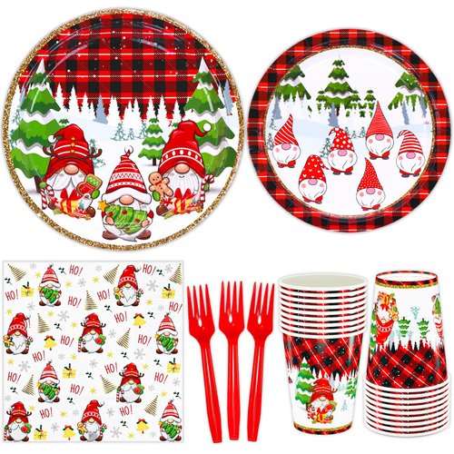 Gnomes Christmas Plates And Napkins Serves 24 Red And Black Buffalo Gnomes Dinner Plates, Dessert Plates, Paper Cups, Napkins, Forks, Christmas Dinnerware Gnomes Theme For Xmas Party Supplies