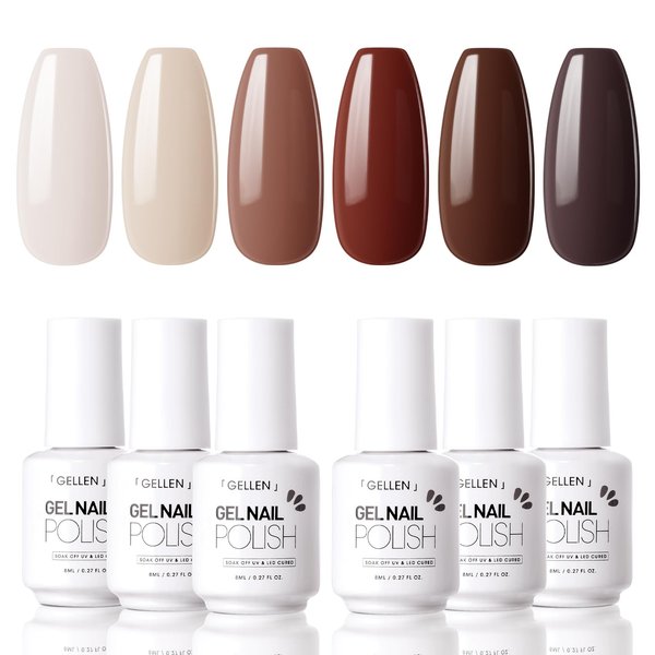 Gellen Coffee Gel Nail Polish, 6 Colors Solid Gel Polish Kit Brown Milky White Beige Colors, Trendy Warm Nail Gel Polish Set Home Salon DIY Manicure Kit