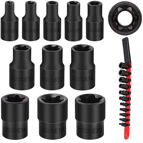 SEDY 11-Piece E-Torx Socket Set - Star Socket Set with Socket Rail, External Torx Socket with Socket Organizer, External Torx Socket Set, E4 E5 E6 E7 E8 E10 E12 E14 E16 E18 E20 Reverse Torx Socket Set