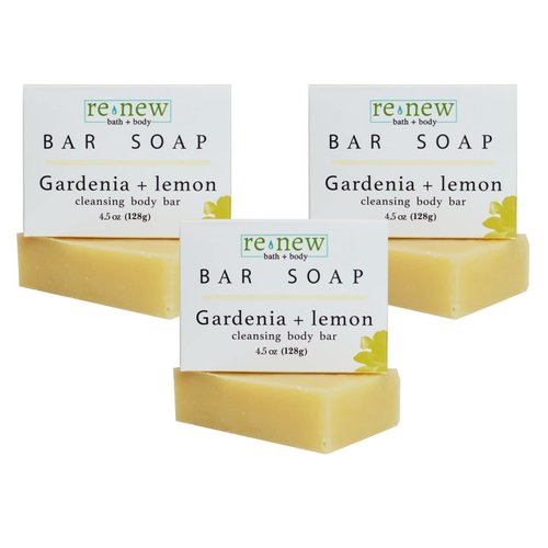 renew bath + body Natural Bar Soap, Gardenia & Lemon, Handmade in the USA by Cold Process with a Moisturizing Oil Blend Infused with Shea Butter - 3 Pack, 4.5 ounce bars