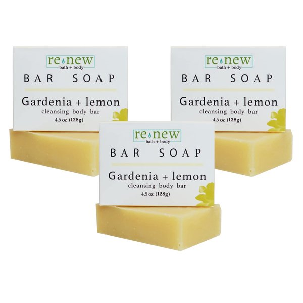 renew bath + body Natural Bar Soap, Gardenia & Lemon, Handmade in the USA by Cold Process with a Moisturizing Oil Blend Infused with Shea Butter - 3 Pack, 4.5 ounce bars