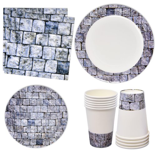 96 Pcs Cobblestone Party Supplies Set Paper Plate Cup Napkin for Cobble Stone Brick Medieval Cast...