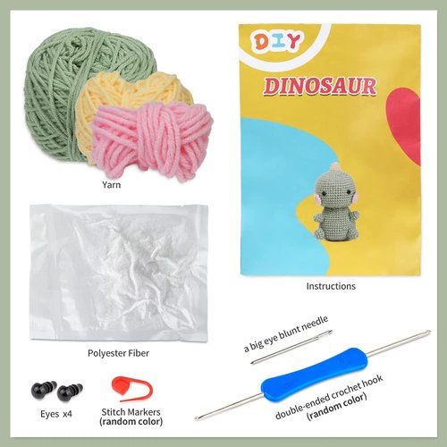 ZMAAGG Beginners Crochet Kit, Crochet Animal Kit, Knitting Kit with Yarn, Polyester Fiber, Crochet Hooks, Step-by-Step Instructions Video, Crochet Starter Kit for Beginner DIY Craft Art (Dinosaur)