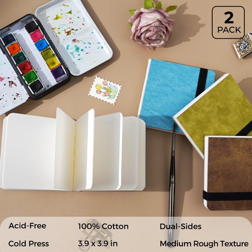 Funto Watercolor Journal 2-Pack, 3.9x3.9, 44 Pages Each,Cold-Pressed 100% Cotton,PU Leather Blue Hard Cover, Removable Elastic Band, Art Supplies for Watercolor & Mixed Media