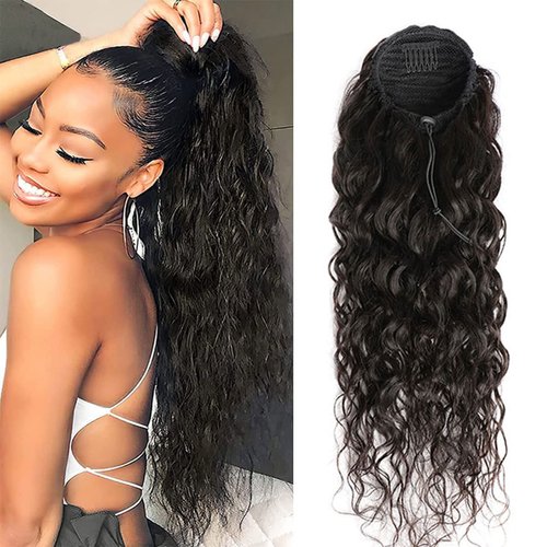 Water Wave Ponytail Human Hair Drawstring Ponytail Extension Clip in Hair curly Straight Natural Black onytails for Women Clip in on Ponytail Hair Extensions (22 Inches,130g)