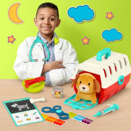Battat – Mini Vet Playset (11Pc) – Plush Dog & Carrier – Stickers & Checklist – Toy Stethoscope & Bone – 2 Years + – Puppy Care Vet Kit