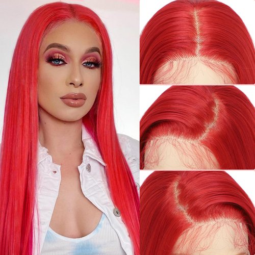X-TRESS 32 Inch Red Lace Front Wig 13x4 Staight Hd Lace Front Wig Red Wigs For Wome Glueless Wigs Pre Plucked Baby Hair 180 Density Synthetic Lace Front Wigs Cosplay