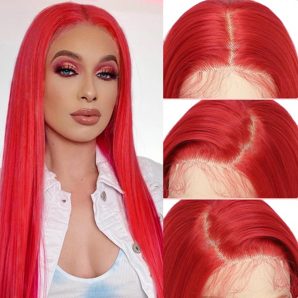 X-TRESS 32 Inch Red Lace Front Wig 13x4 Staight Hd Lace Front Wig Red Wigs For Wome Glueless Wigs Pre Plucked Baby Hair 180 Density Synthetic Lace Front Wigs Cosplay