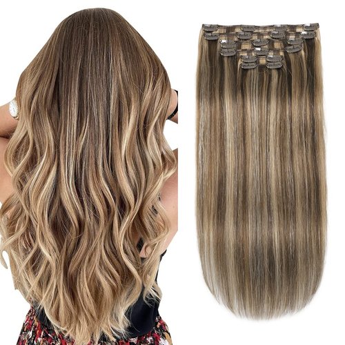 XDhair Clip In Hair Extensions Remy Human Hair 20 Inch Medium Brown #4 Mixed to Caramel Blonde #27 Clip In Real Hair Silk Stright 120g 6Pcs (#4P27,20Inch)
