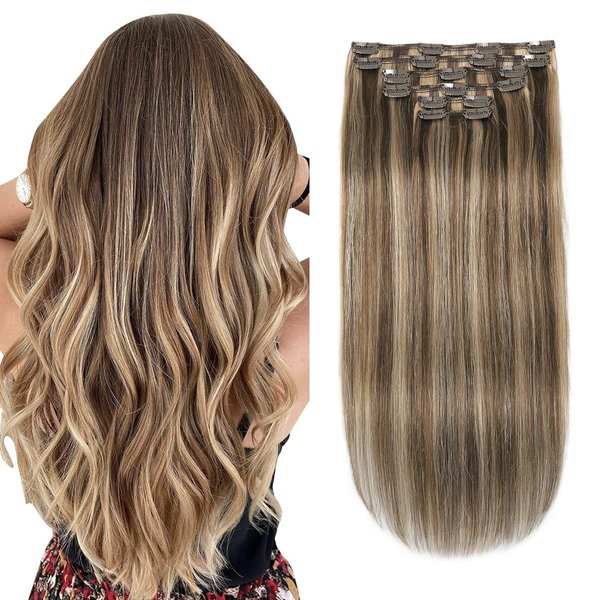 XDhair Clip In Hair Extensions Remy Human Hair 20 Inch Medium Brown #4 Mixed to Caramel Blonde #27 Clip In Real Hair Silk Stright 120g 6Pcs (#4P27,20Inch)