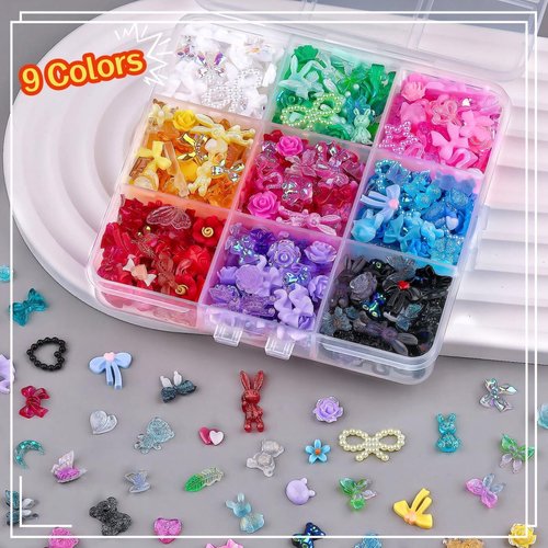 Sinyanail 9 Colors 3D Resin Nail Charms Butterfly Bear Rose Flower Bow Snake Rabbit Animal Shaped Hollow Star Heart Pearls Jewelry for Nail Art Design DIY Crafts Accessories(9 Charms)