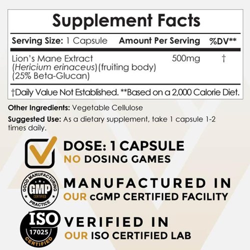 Nootropics Depot Lions Mane Mushroom Capsules | 500mg | 60 Count | Hericium erinaceus | Whole Fruiting Body Mushroom Extract | Brain Health Supplement | Neuroprotective + Boosts Mood