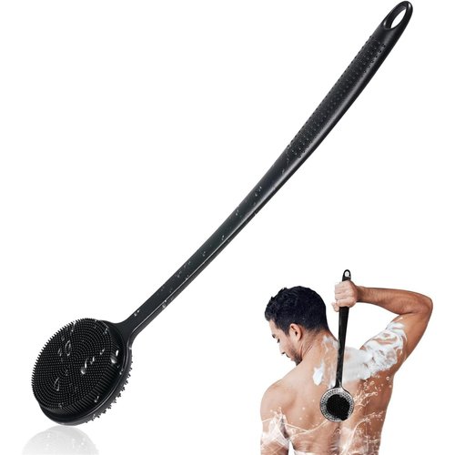 VWMYQ Silicone Back Scrubber for Shower, 17in Lengthen Long Handle Body Brush, Double Sided Shower Brush for Shower Exfoliating and Massage Can Produce Rich Foam, Long Handle Back Scrubber for Men