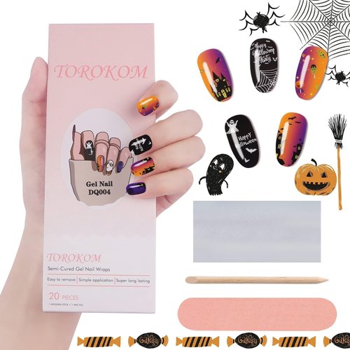 Halloween Cured Gel Nail Polish Strips, Halloween Full Wrap Gel Polish Nail Art Sticker Strips Stick-on Cured Gel Nail Wraps with Pumpkins,Spiders,Ghosts Nail File and Stick