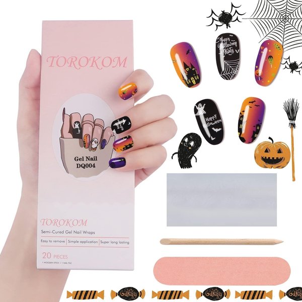 Halloween Cured Gel Nail Polish Strips, Halloween Full Wrap Gel Polish Nail Art Sticker Strips Stick-on Cured Gel Nail Wraps with Pumpkins,Spiders,Ghosts Nail File and Stick