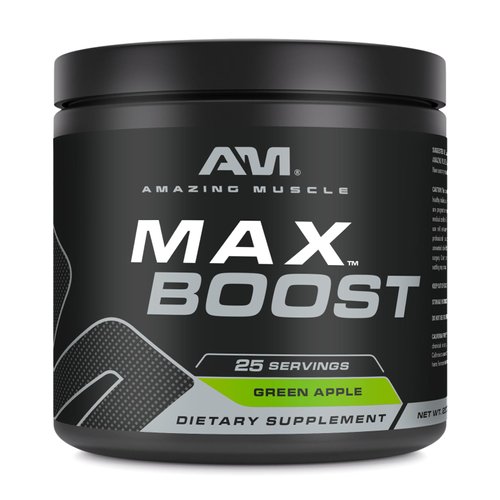 Amazing Muscle Max Boost | 25 Servings | Intense Pre-Workout Supplement for Men & Women | Contains Creatine Monohydrate, Caffeine, Beta-Alanine, Betaine, Vitamins | Green Apple Flavor | Made in USA