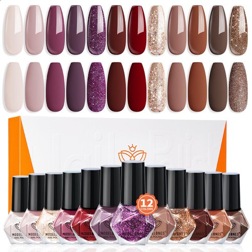 Modelones Nail Polish Set 12 Colors Burgundy Red Christmas Nail Polish Set Champagne Gold Glitter Nail Polish Dark Red Purple Shimmer Winter Brown Nail Gifts for Women Girl DIY Salon Home Manicure