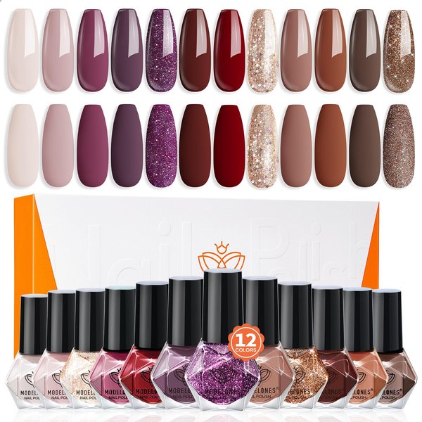 Modelones Nail Polish Set 12 Colors Burgundy Red Christmas Nail Polish Set Champagne Gold Glitter Nail Polish Dark Red Purple Shimmer Winter Brown Nail Gifts for Women Girl DIY Salon Home Manicure